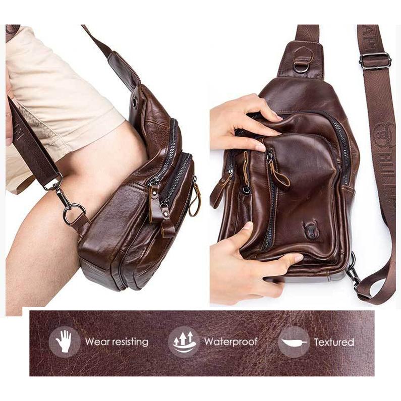 Men Leather Crossbody Chest Bag Multi Function - Black