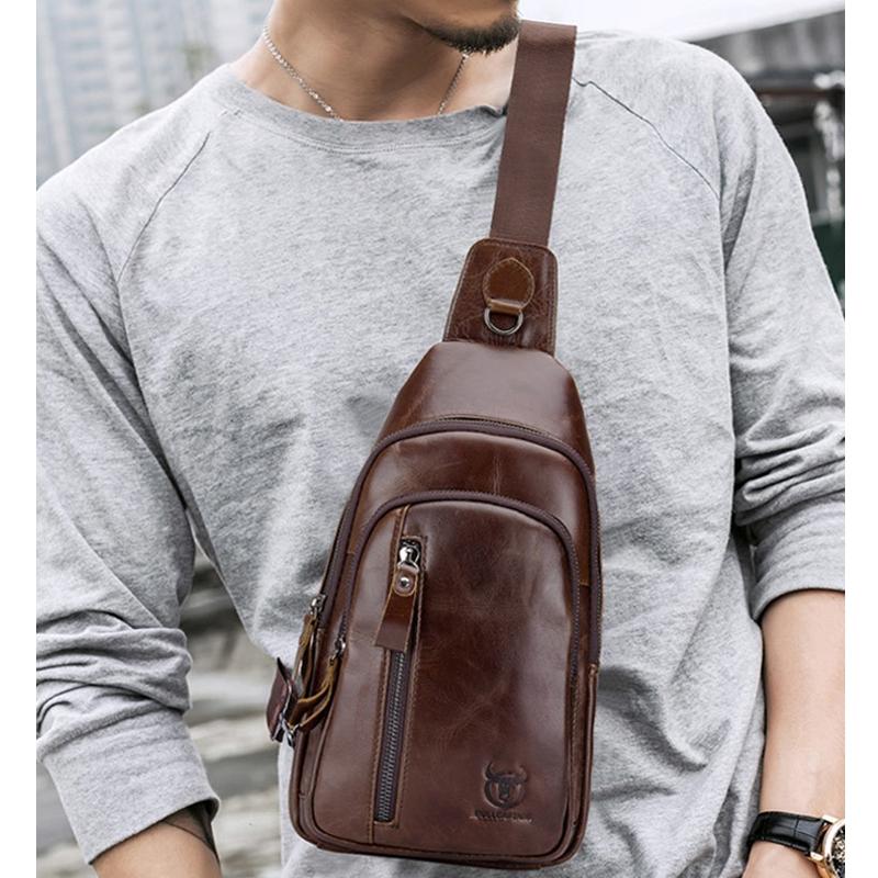 Men Leather Crossbody Chest Bag Multi Function - Black