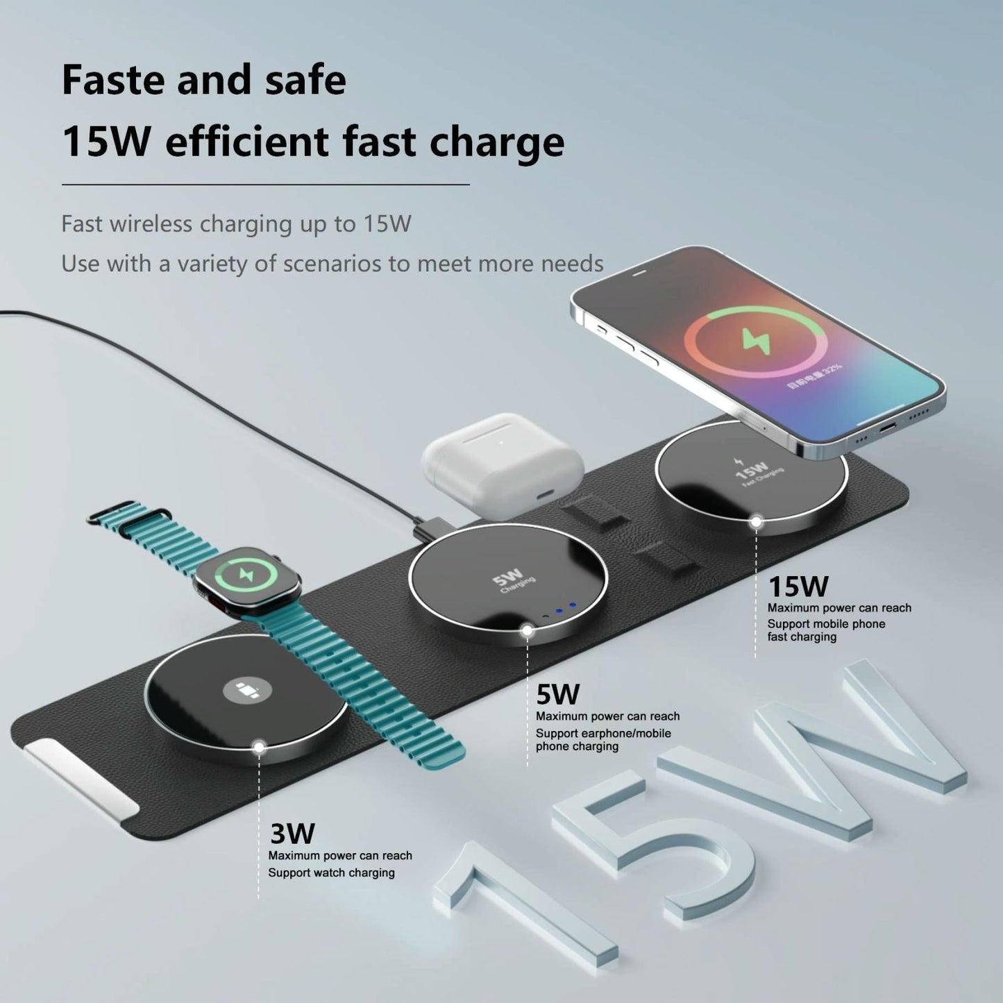 15W 3 In 1 Magnetic Wireless Charger - White