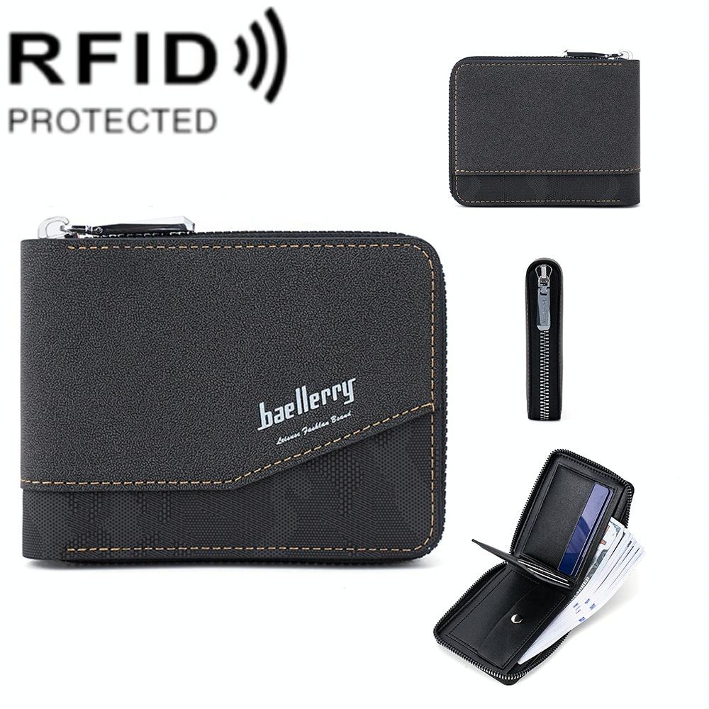 Retro Rfid Blocking Zip Wallet with Short Coin Pocket - Black