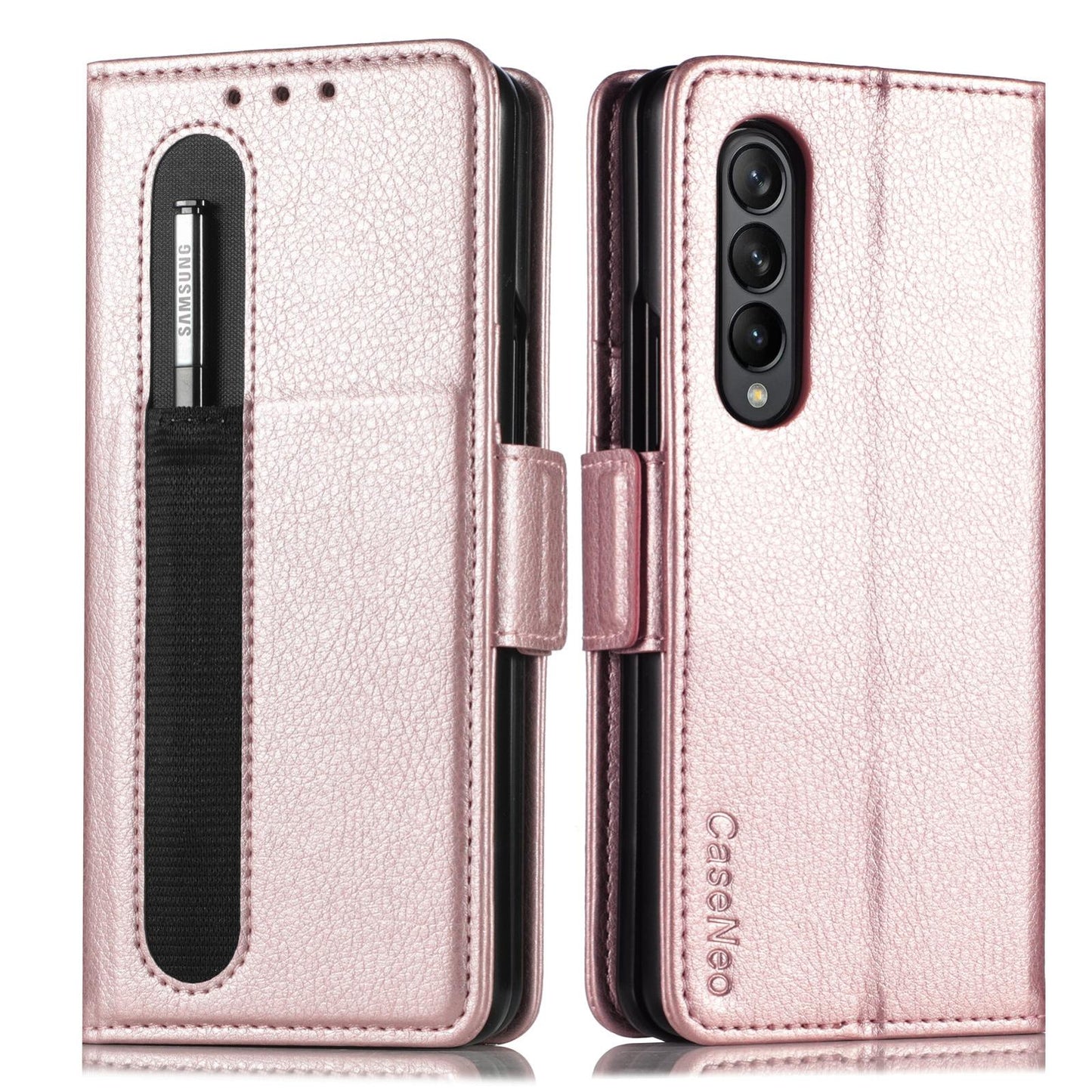 For Samsung Galaxy Z Fold4 5G Litchi Pattern Case With Pen And Card Slots - 4 - Black