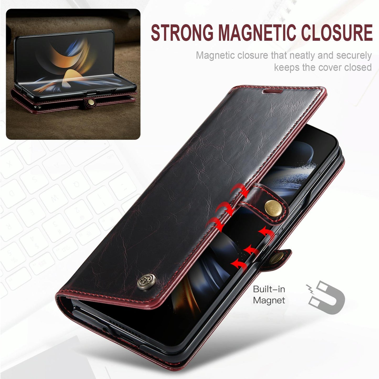 Premium Crazy Horse Leather Phone Case for Samsung Galaxy z Fold 4 - Black