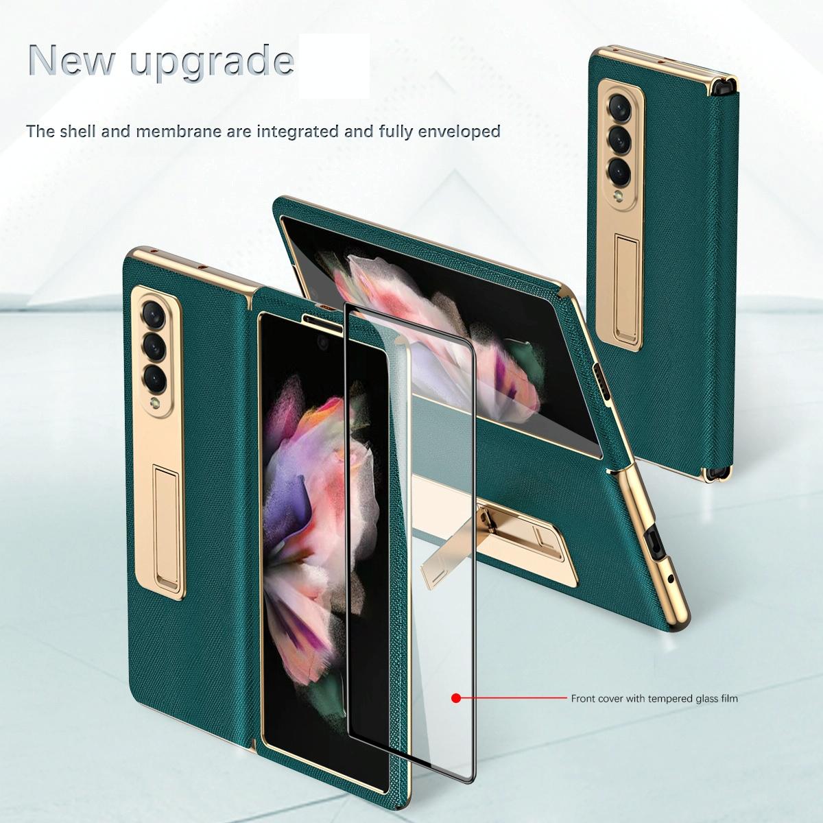 For Samsung Galaxy Z Fold4 5G Flip Case With Tempered Film - Textured Hinge - Black