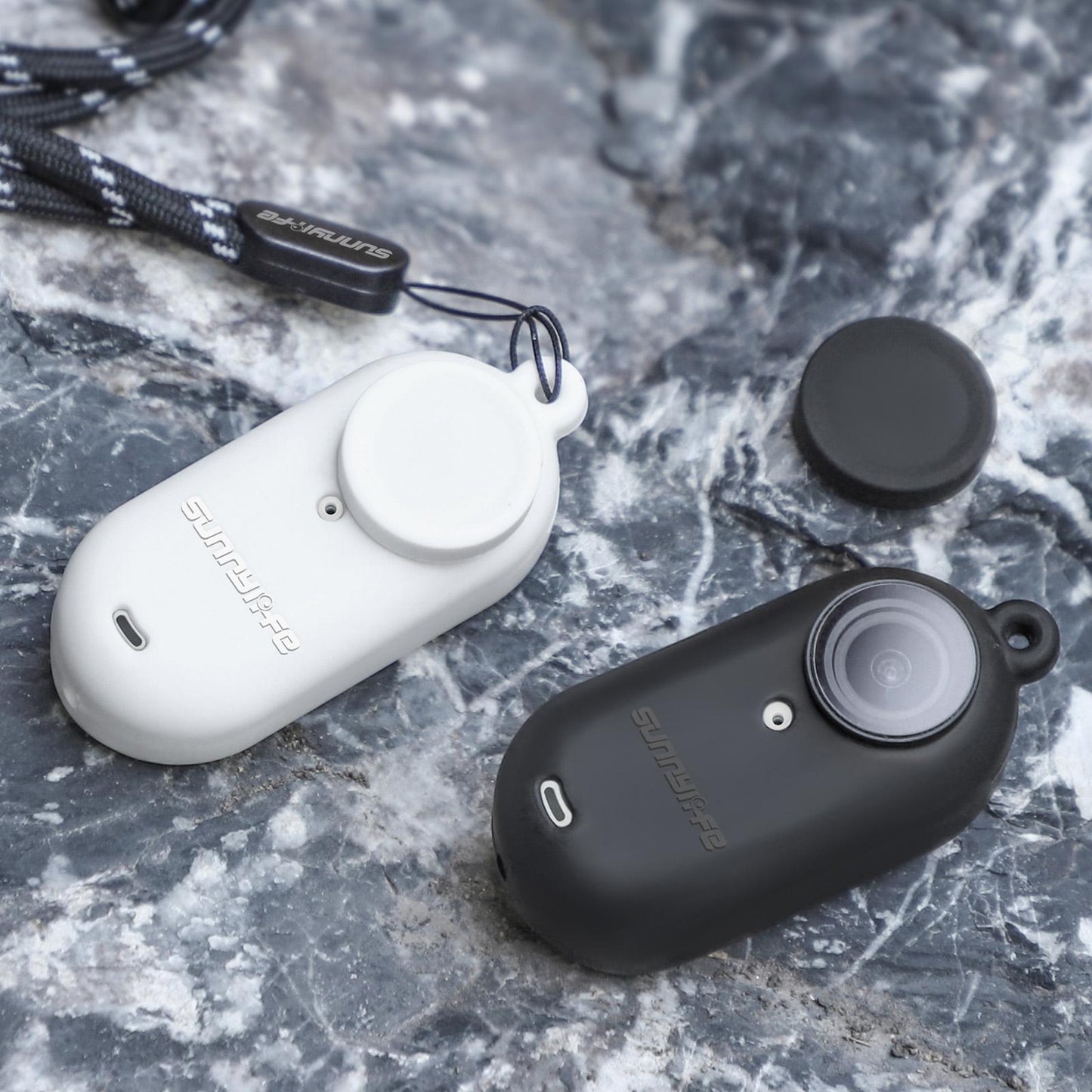Silicone Camera Body Case with Lens Cap and Neck Strap for Insta360 Go 3 - White