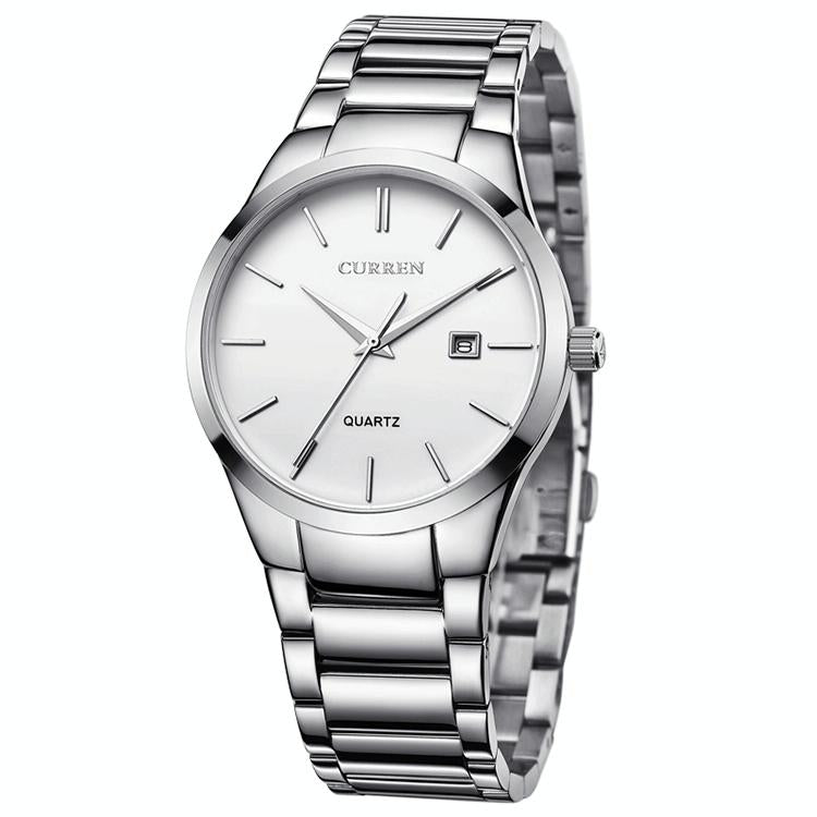Waterproof Full Steel Quartz Watch - Fashion Business Calendar - White Case Black Face