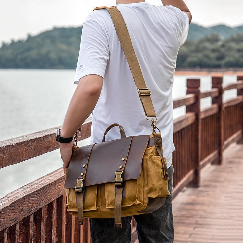 Leather Waxed Canvas Crossbody Bag For Outdoors - S11 Army Green
