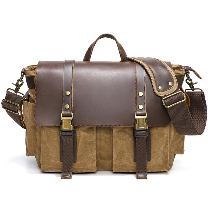 Leather Waxed Canvas Crossbody Bag For Outdoors - S11 Army Green