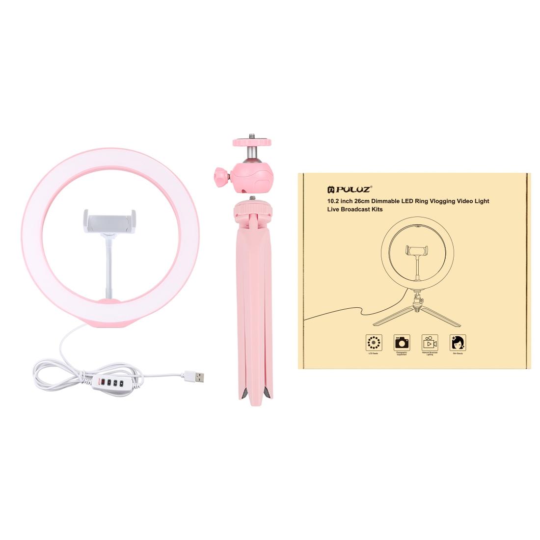10.2 Selfie Beauty Light with Tripod Mount and Usb 3 Modes Dimmable Led Ring for Vlogging and Photography Cold Shoe Ball Head and Phone Clamp - Black