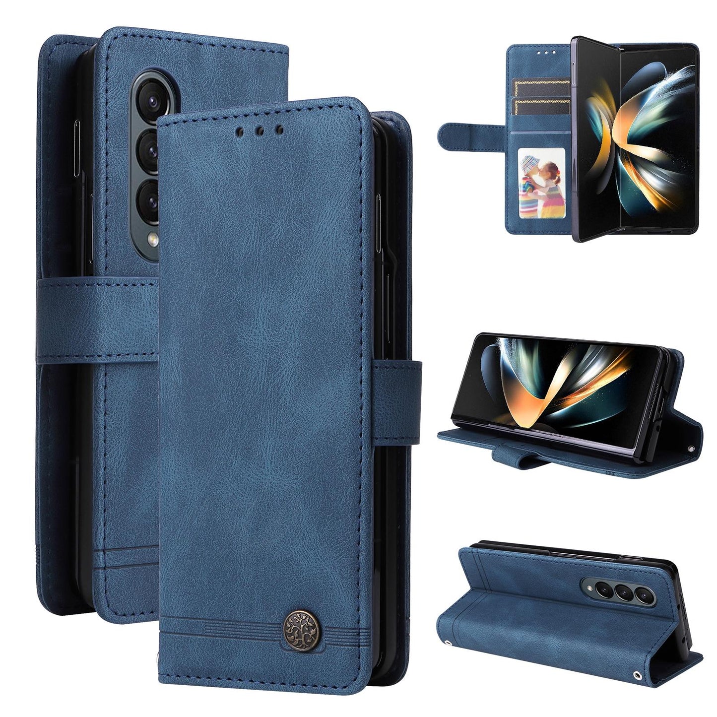 Metal Button Leather Case for Samsung Galaxy z Fold 4 / 5g - Tree Design - Purple
