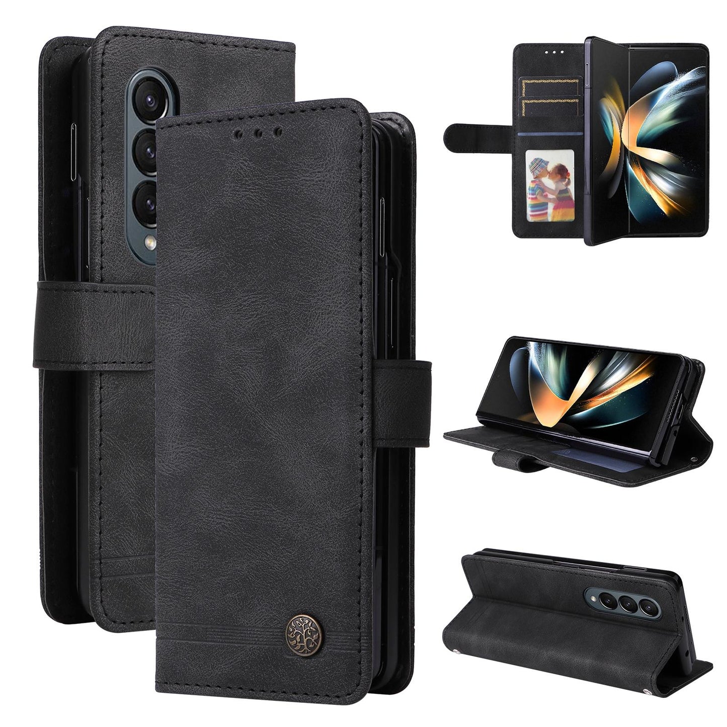 Metal Button Leather Case for Samsung Galaxy z Fold 4 / 5g - Tree Design - Purple