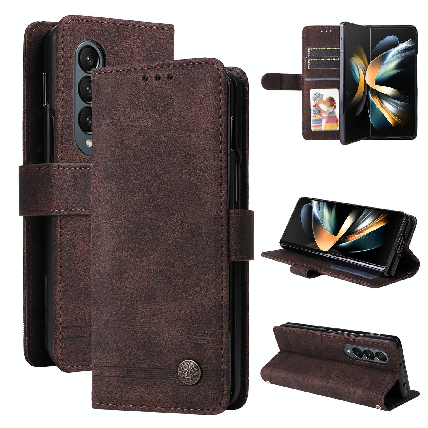 Metal Button Leather Case for Samsung Galaxy z Fold 4 / 5g - Tree Design - Purple