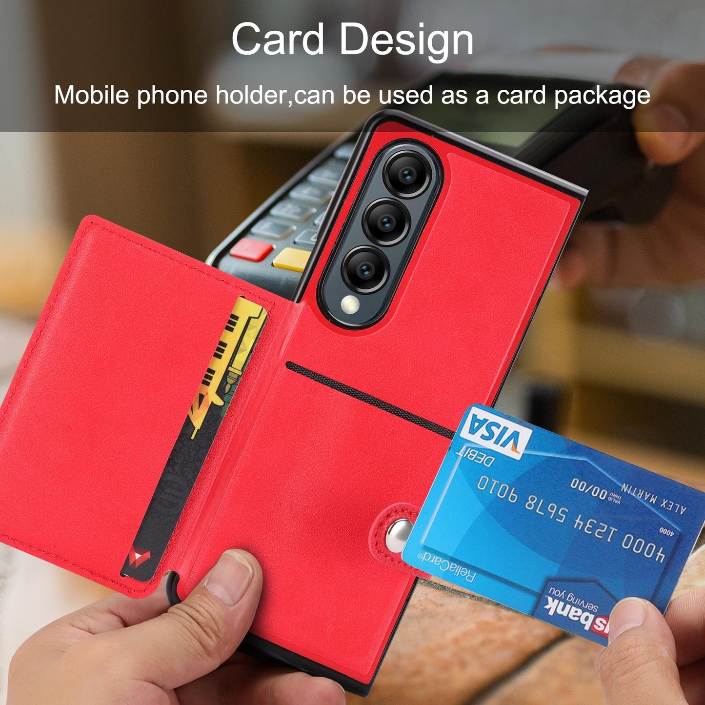 Litchi Pattern Single Button Card Holder Phone Case - Red