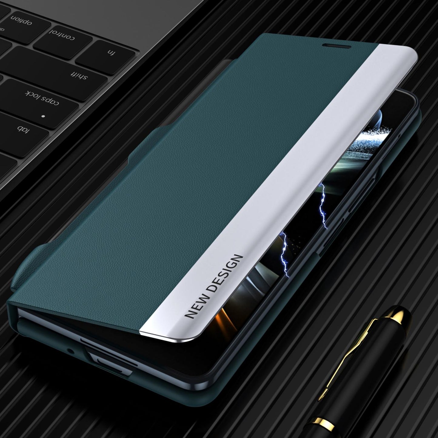 Samsung Galaxy z Fold 4 Leather Phone Case with Pen Slot - Shockproof - Black