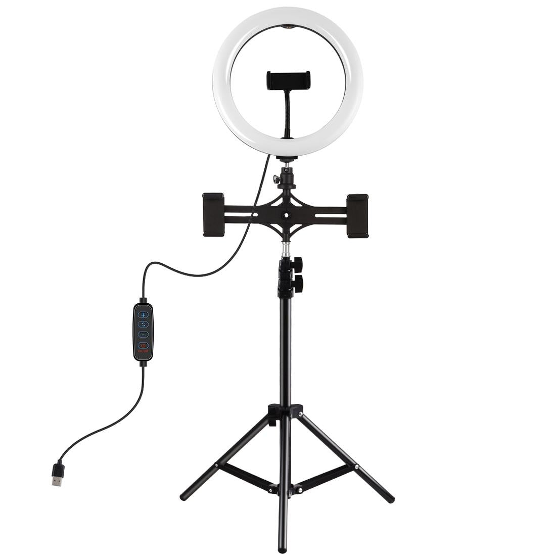 Horizontal Dual Phone Brackets with Tripod Mount & Led Ring Light Kit for Vlogging and Live Broadcasts