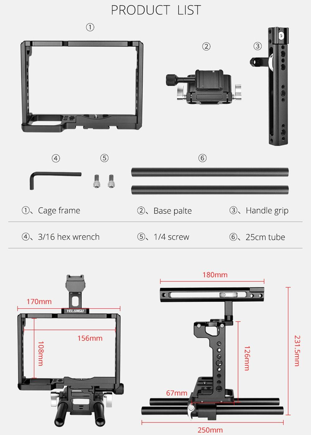 Camera Cage Stabilizer With Handle & Rail Rod Mount - Black for Panasonic Lumix Dc-S1H / Dc-S1 / Dc-S1R