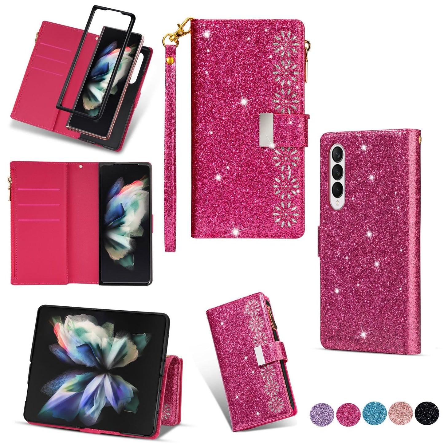 Sparkling Leather Zip Case for Samsung Galaxy z Fold 4 - Zipper Closure - Rose Red