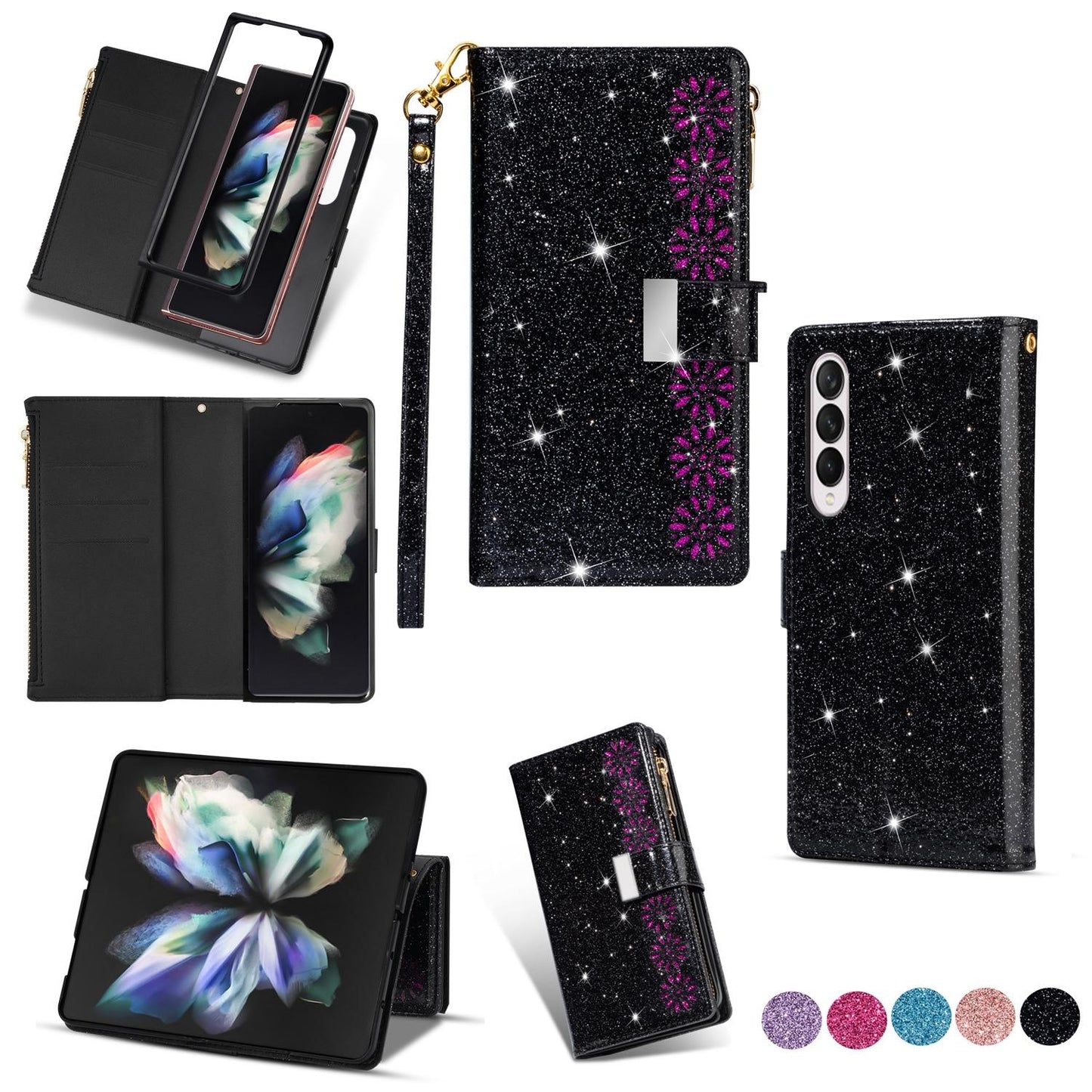 Sparkling Leather Zip Case for Samsung Galaxy z Fold 4 - Zipper Closure - Rose Red