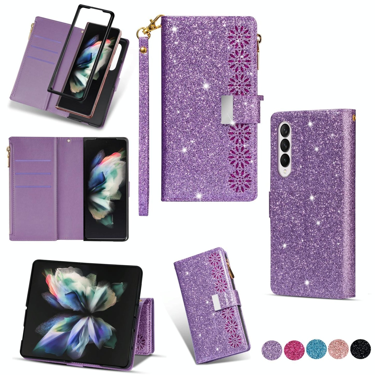 Sparkling Leather Zip Case for Samsung Galaxy z Fold 4 - Zipper Closure - Rose Red