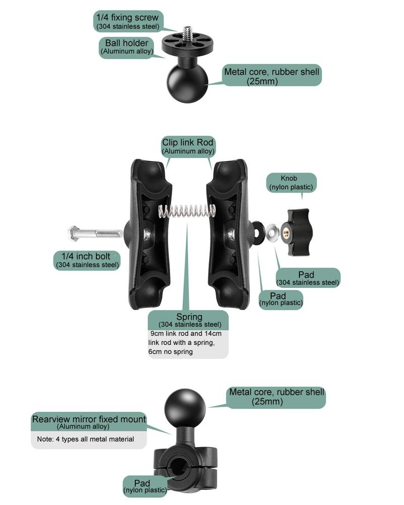25Mm Ball Head Motorcycle Rearview Mirror Mount Holder For Gopro Insta360 Dji Action And Other Action Cameras