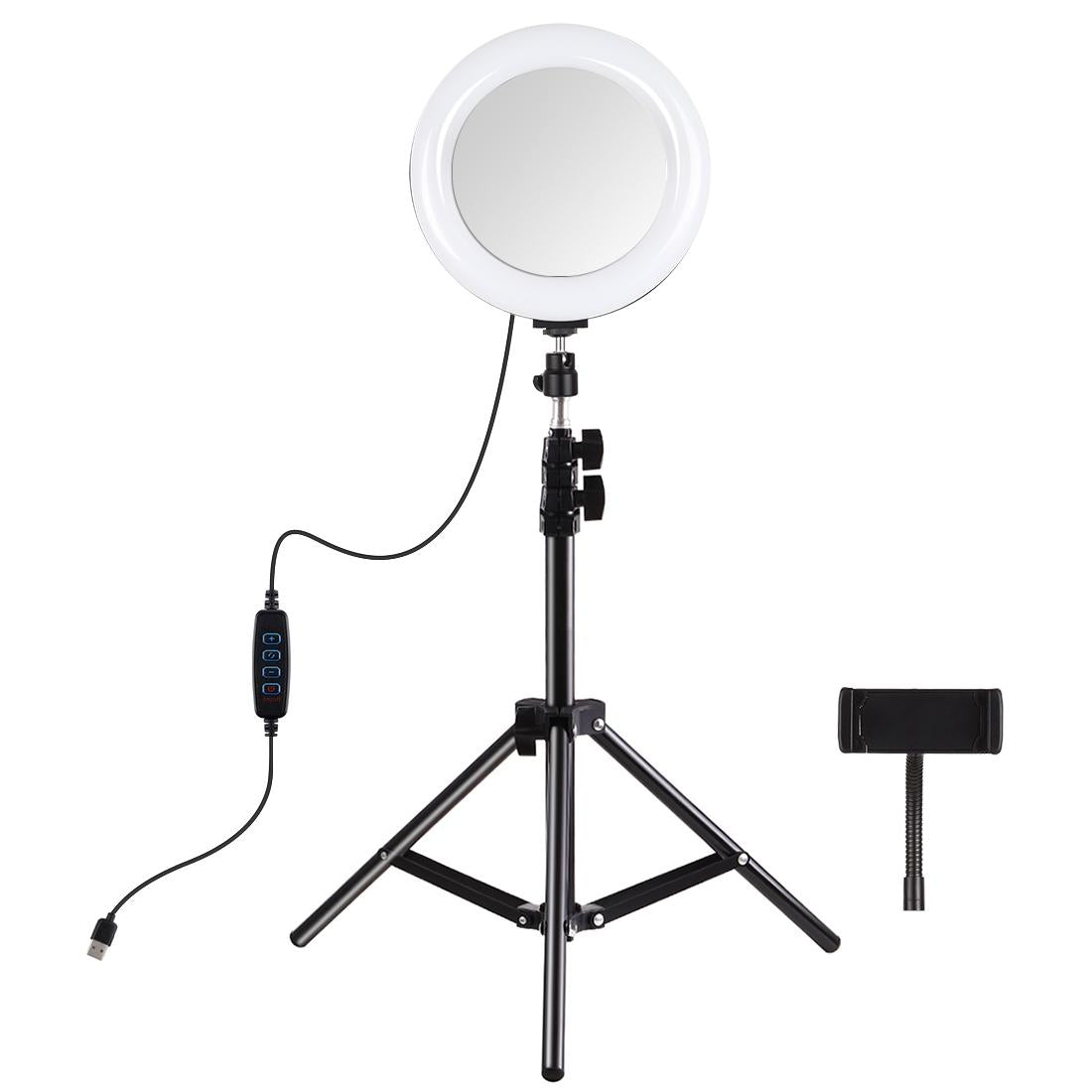 7.9 Mirror Light With Tripod & Usb 3 Modes Dual Colour Curved Ring Light For Vlogging Selfie Photography Video Phone Clamp - Black