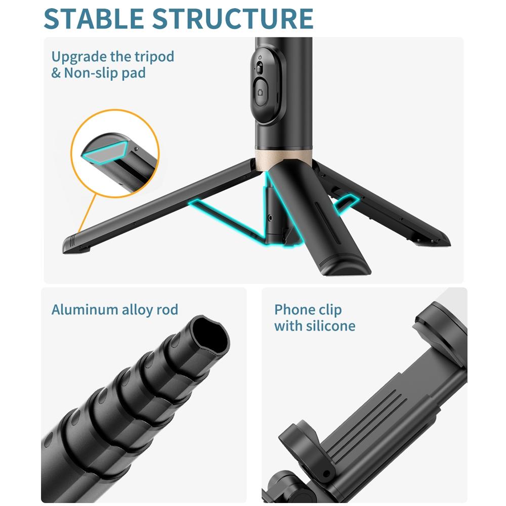 Reinforced Bluetooth Remote Control Selfie Stick with Hidden Design - Black
