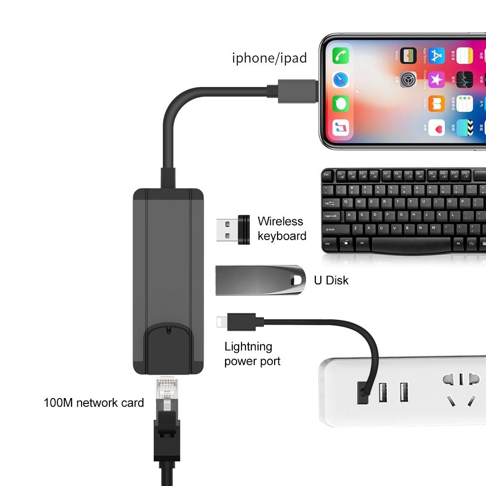 8Pin To Rj45 Usb 2.0 Hub Adapter - Black