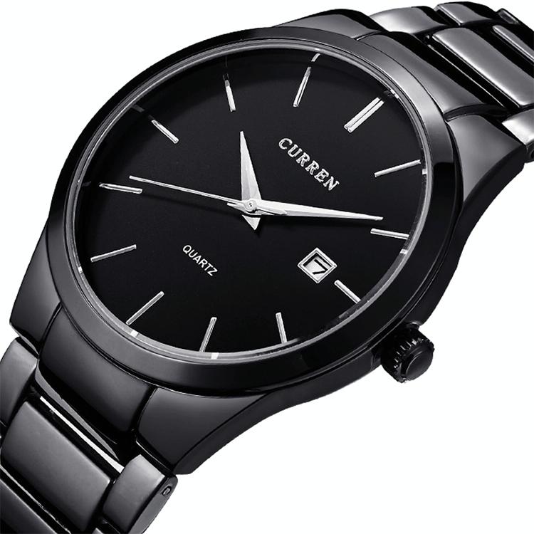 Waterproof Full Steel Quartz Watch - Fashion Business Calendar - Black Case White Face