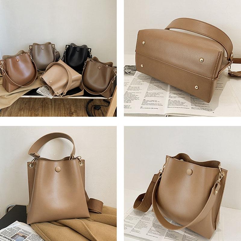 Retro Wide Strap Crossbody Bucket Bag For Women - Brown