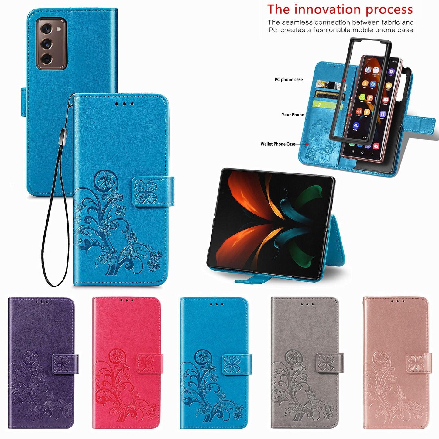 Embossed Leather Phone Case for Samsung Galaxy z Fold 4 with Four Leaf Clasp - Blue