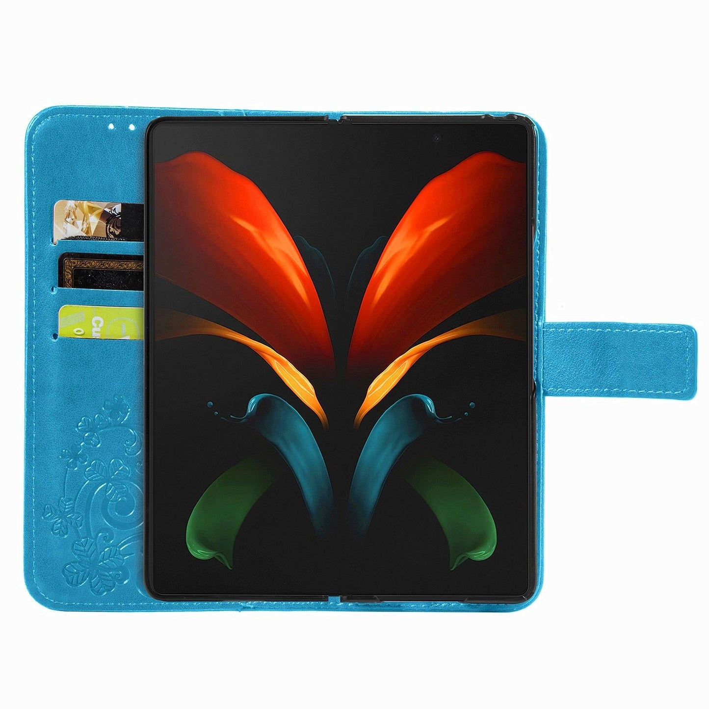 Embossed Leather Phone Case for Samsung Galaxy z Fold 4 with Four Leaf Clasp - Blue