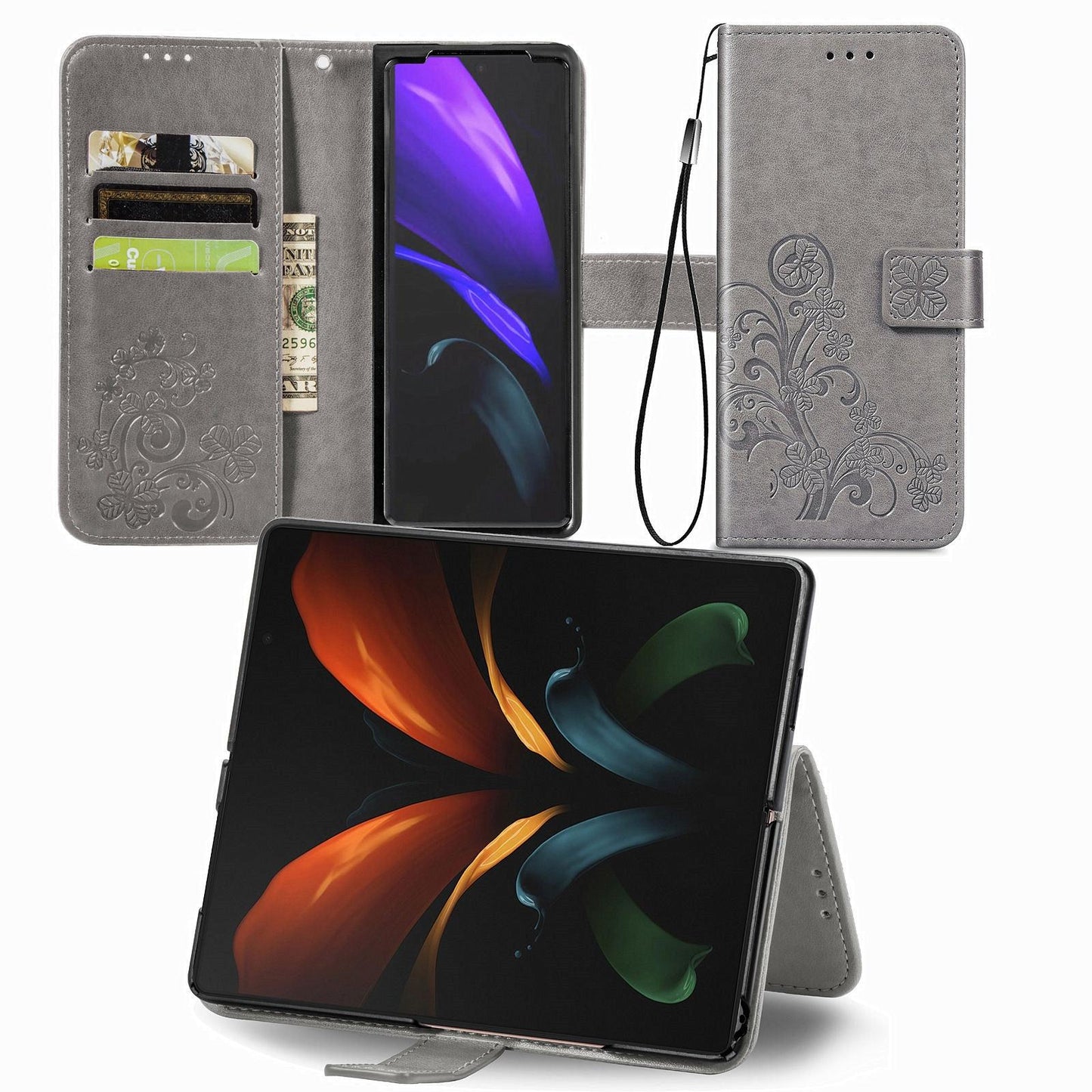Embossed Leather Phone Case for Samsung Galaxy z Fold 4 with Four Leaf Clasp - Blue