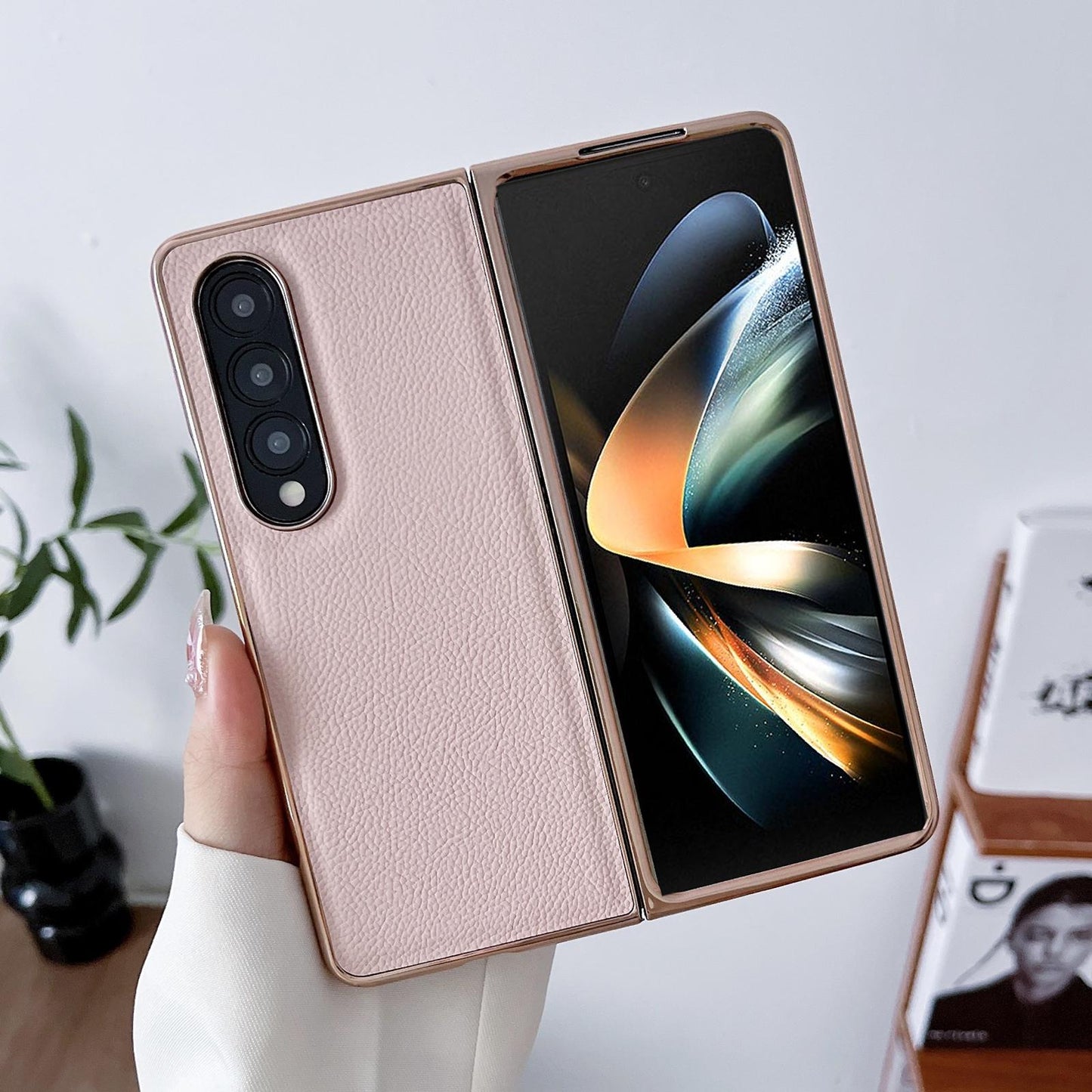 Skyline Series Nano Electroplating Pu Case for Samsung Galaxy z Fold 4 - Pink Gold
