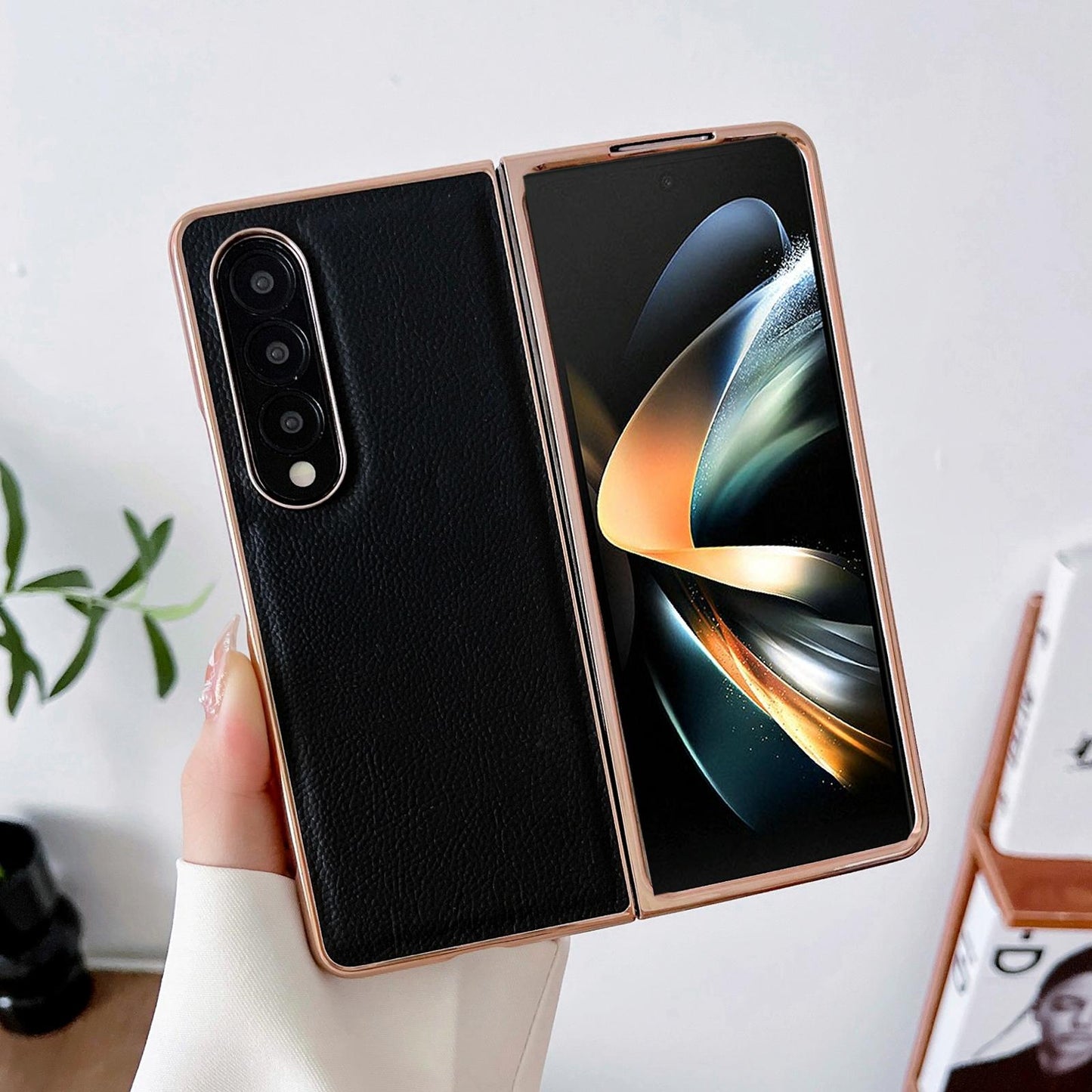 Skyline Series Nano Electroplating Pu Case for Samsung Galaxy z Fold 4 - Pink Gold