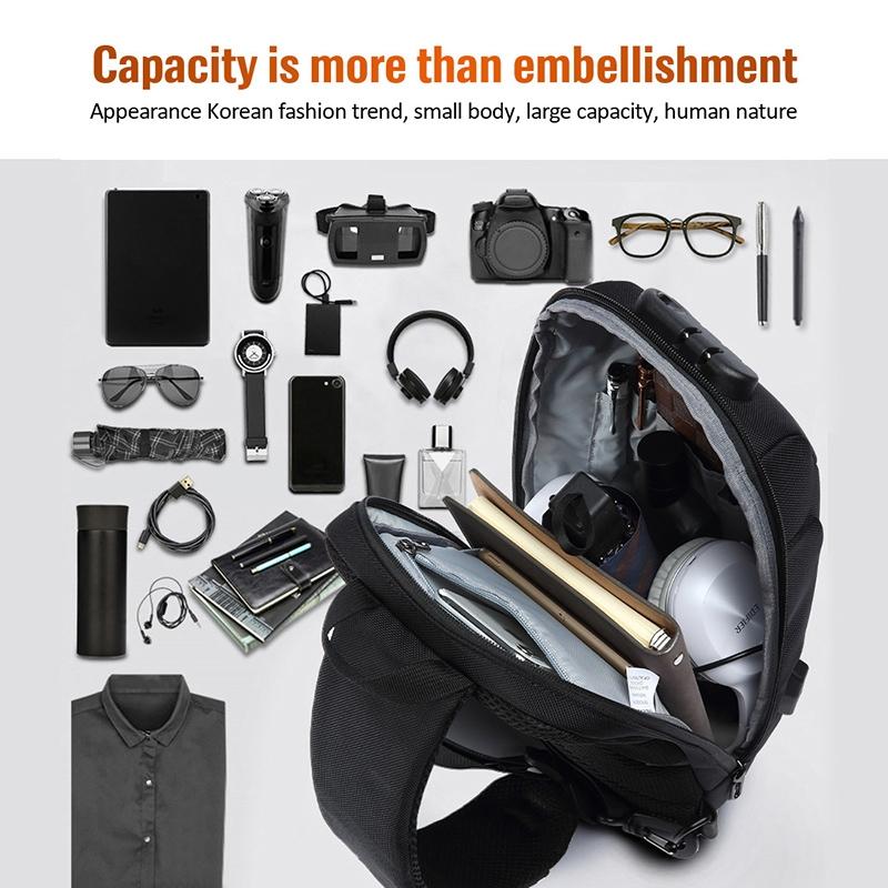 Anti Theft Men Waterproof Crossbody Bag With USB Port - Dark Grey