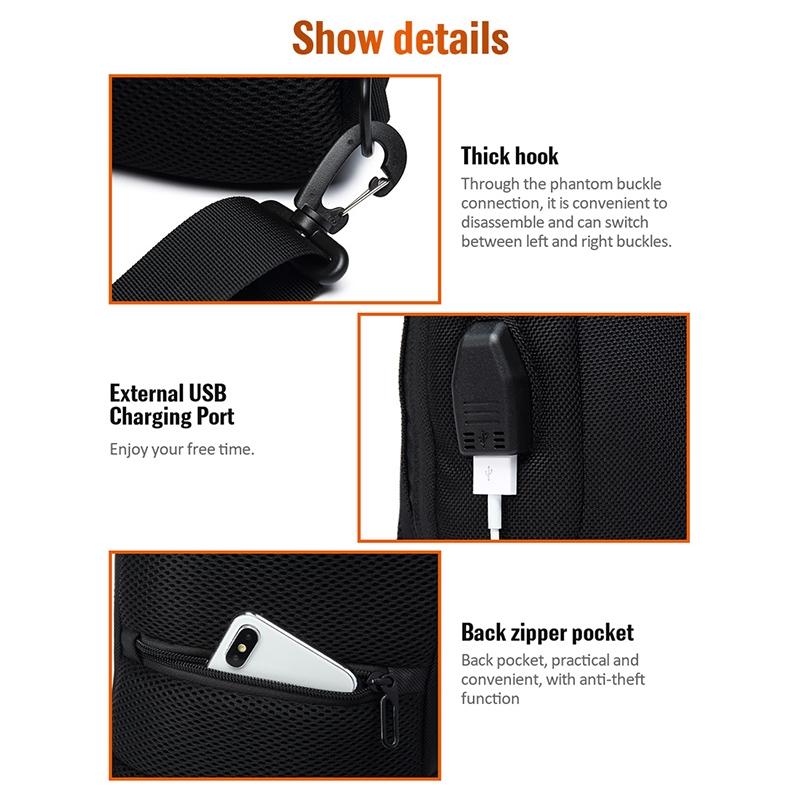 Anti Theft Men Waterproof Crossbody Bag With USB Port - Dark Grey