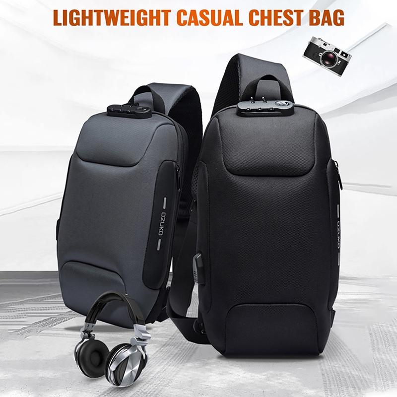 Anti Theft Men Waterproof Crossbody Bag With USB Port - Dark Grey