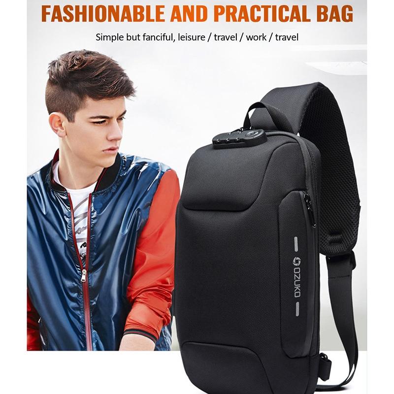 Anti Theft Men Waterproof Crossbody Bag With USB Port - Dark Grey