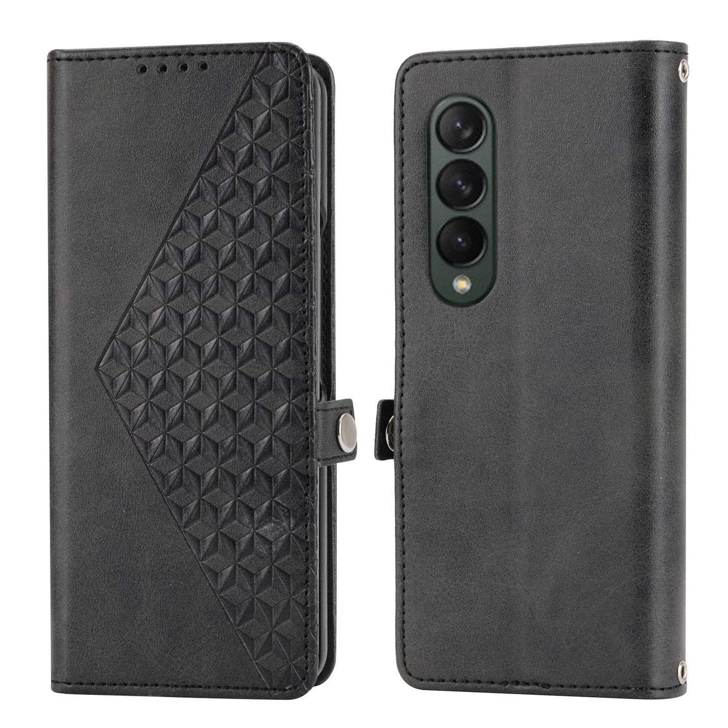 Leather Grid Texture Phone Case with Lanyard for Samsung Galaxy z Fold 4 - Brown