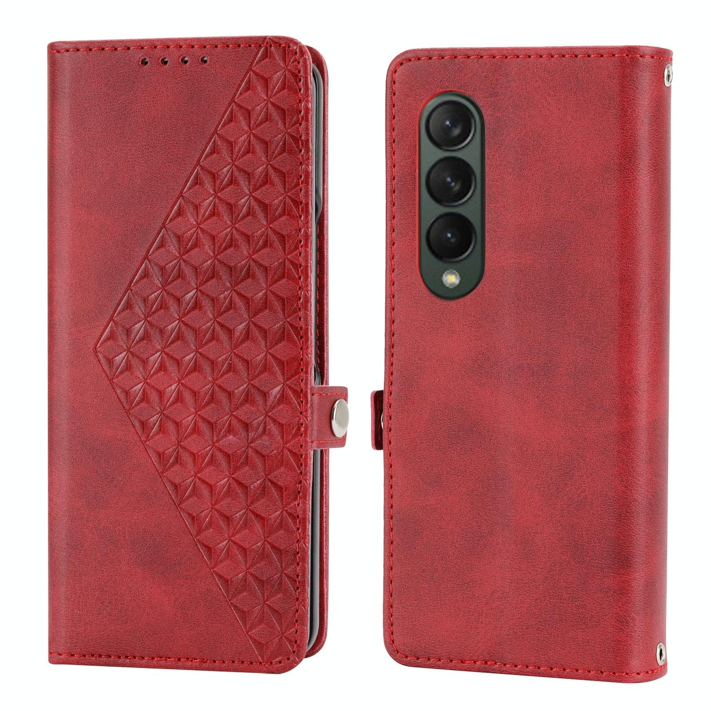 Leather Grid Texture Phone Case with Lanyard for Samsung Galaxy z Fold 4 - Brown