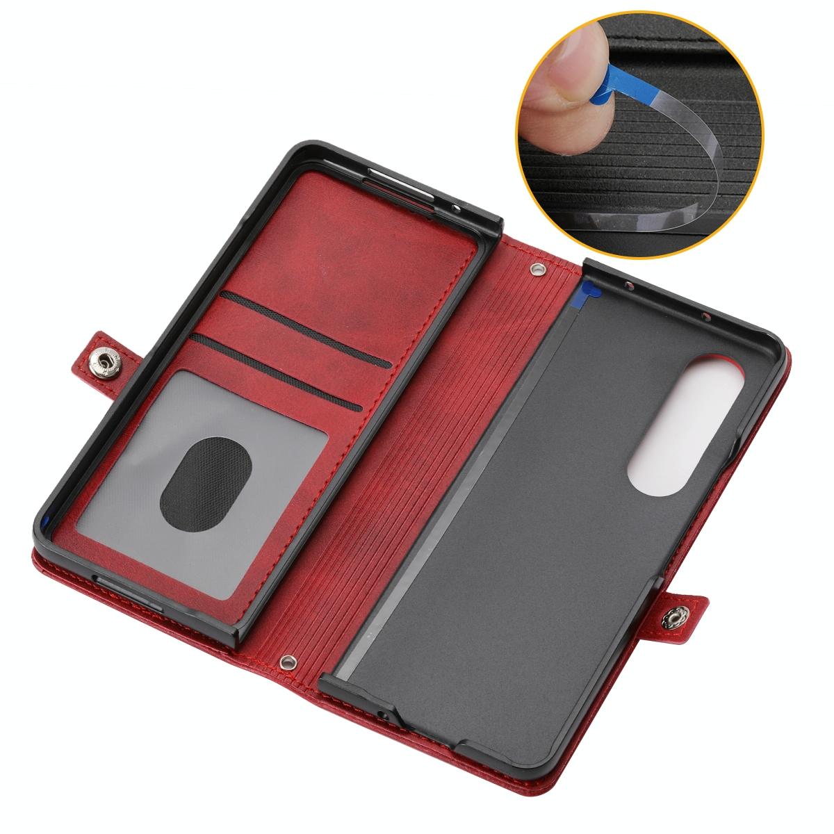 Leather Grid Texture Phone Case with Lanyard for Samsung Galaxy z Fold 4 - Brown