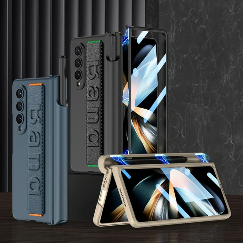 Foldable Phone Case with Magnetic Hinge and Wrist Strap for Samsung Galaxy z Fold 4 - Portable and Secure - Black