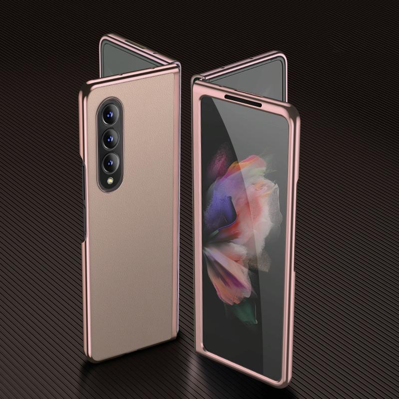 For Samsung Galaxy Z Fold4 5G Leather Folding Phone Case - Electroplated Finish - Army Green