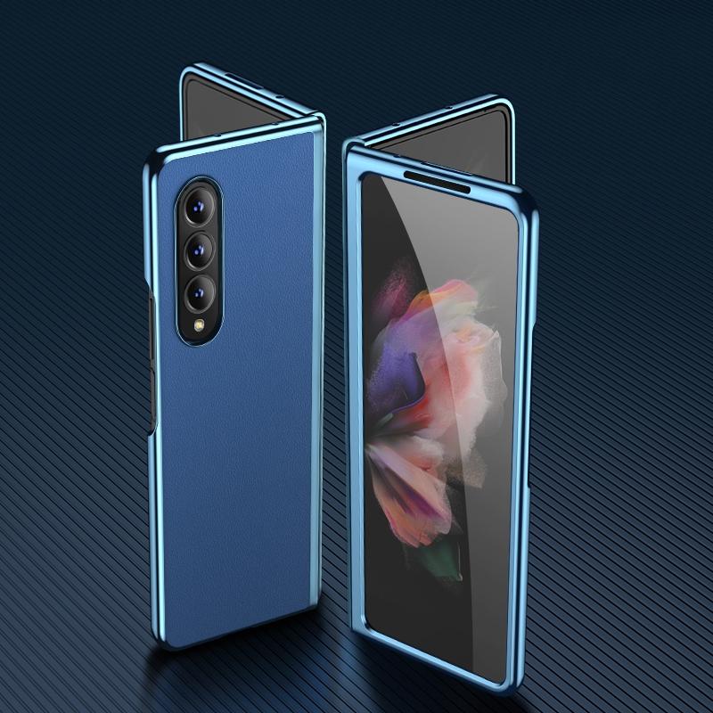 For Samsung Galaxy Z Fold4 5G Leather Folding Phone Case - Electroplated Finish - Army Green