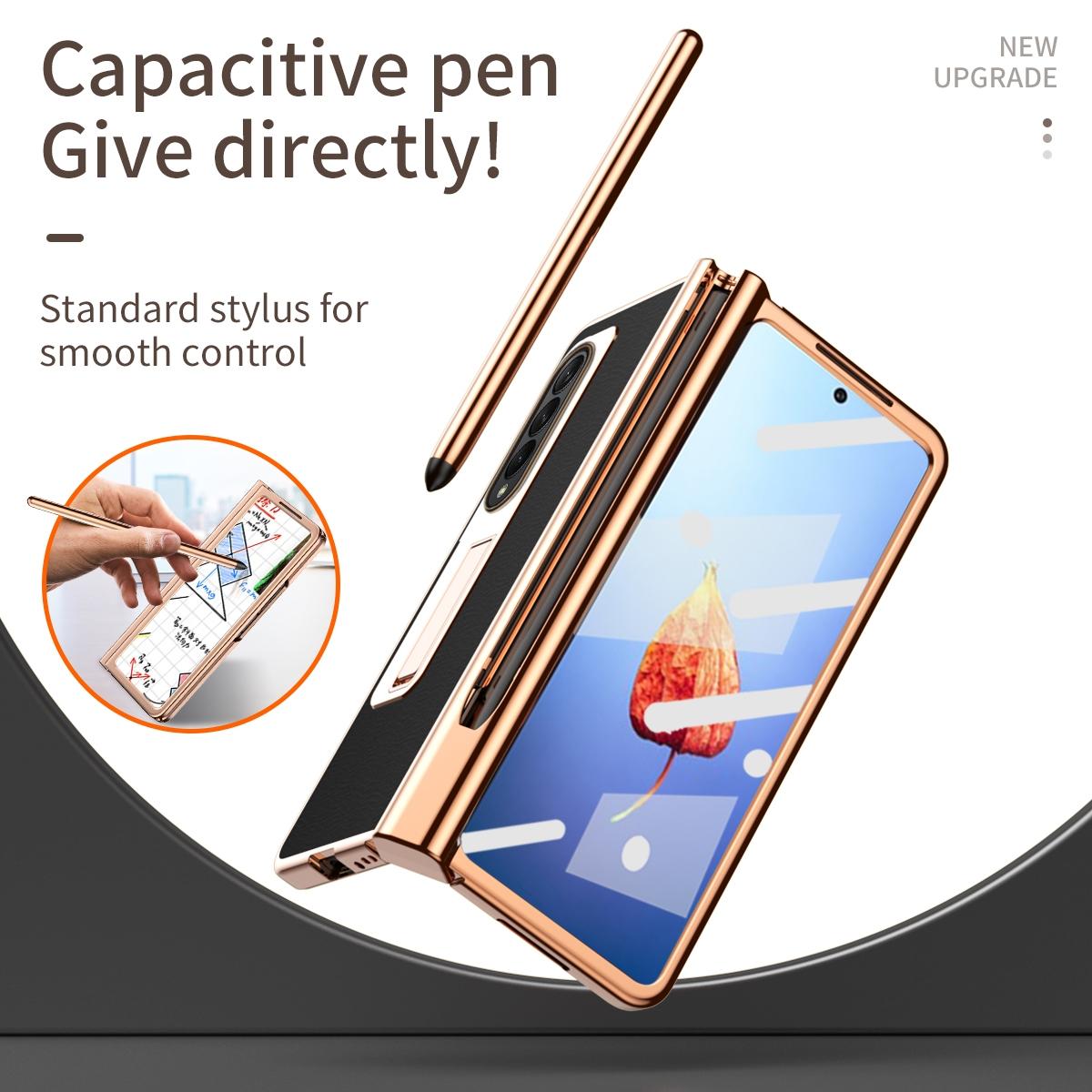 Premium Litchi Leather Hinged Phone Case for Samsung Galaxy z Fold 4 - with Pen - Gold