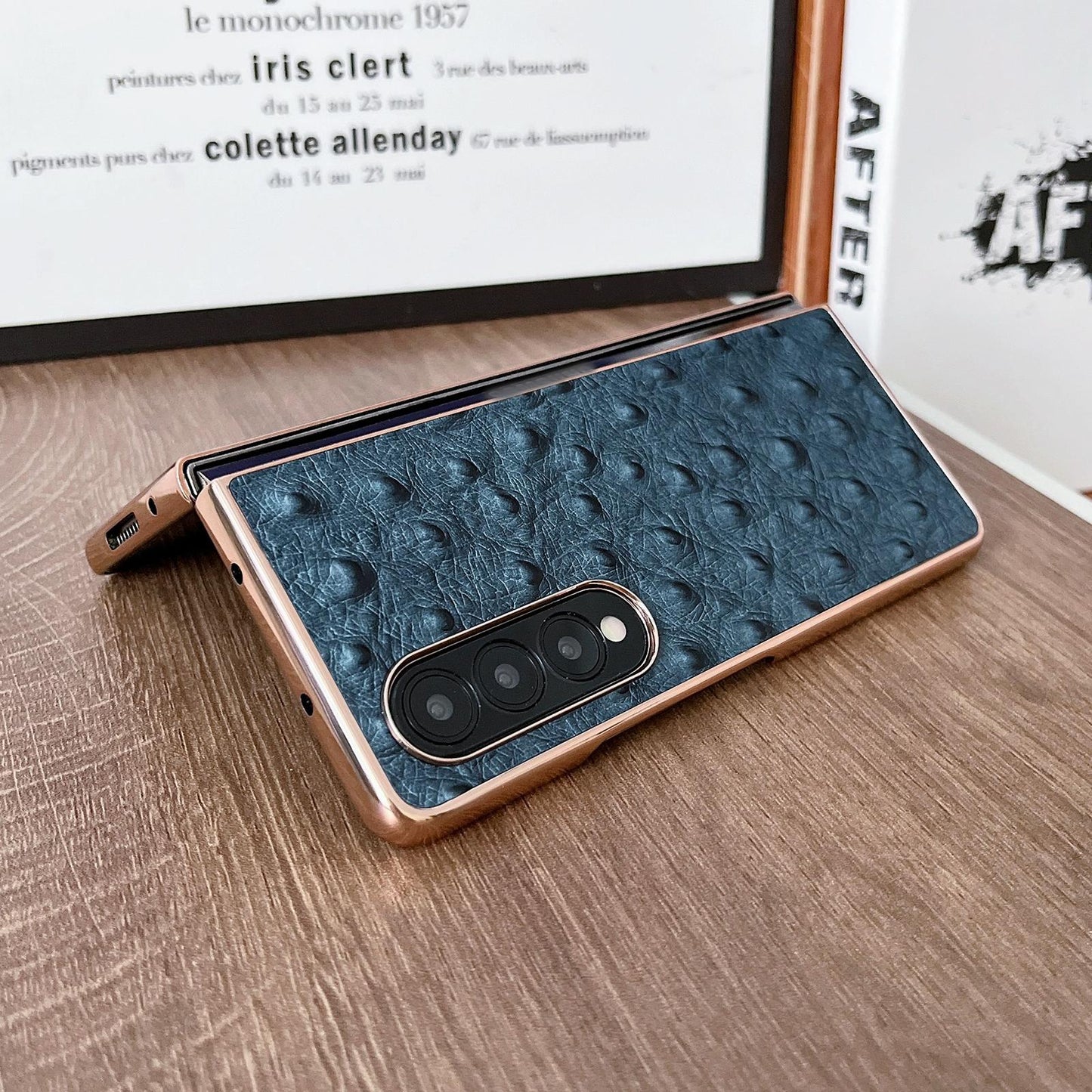 For Samsung Galaxy Z Fold4 5G Ostrich Leather Phone Case - Black