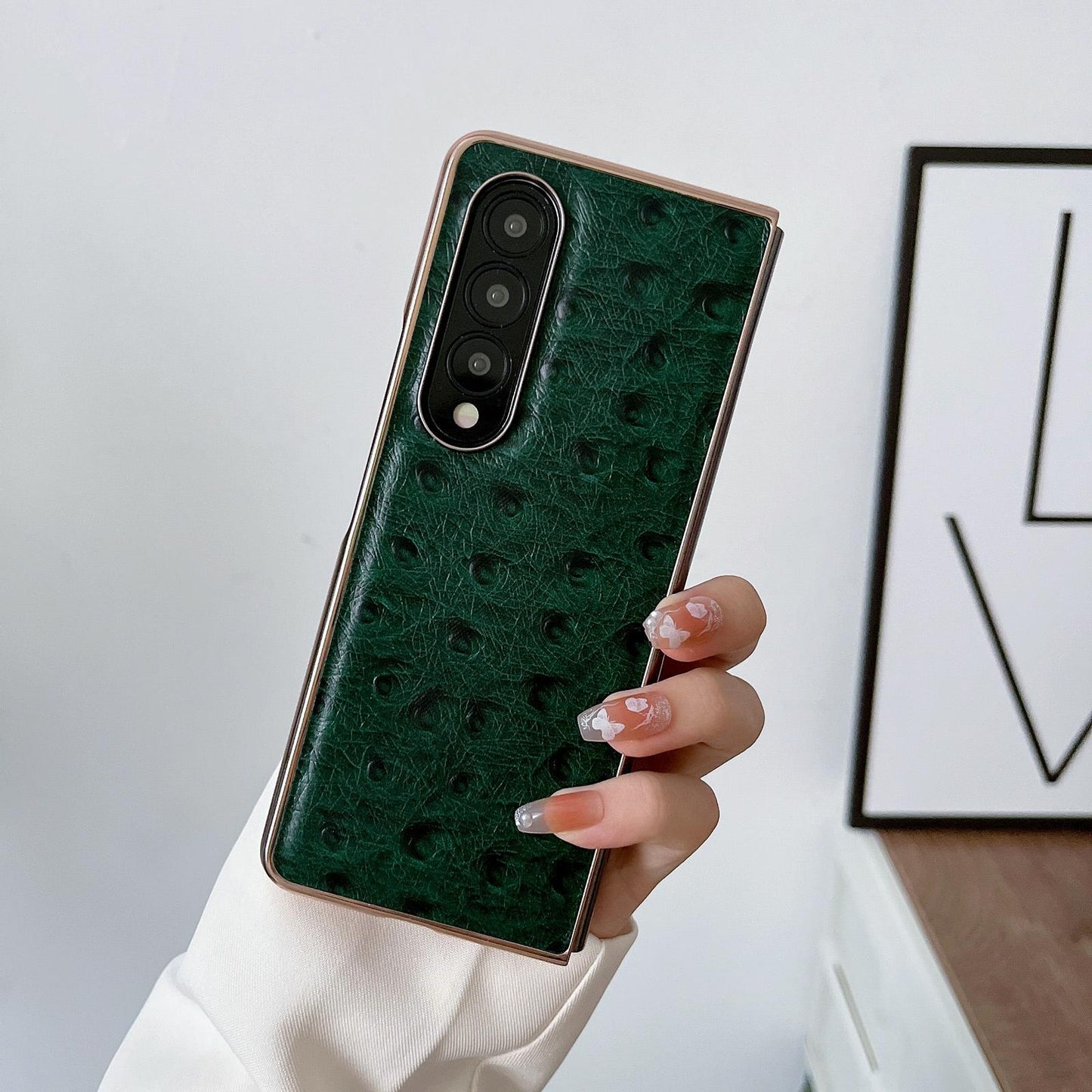 For Samsung Galaxy Z Fold4 5G Ostrich Leather Phone Case - Black