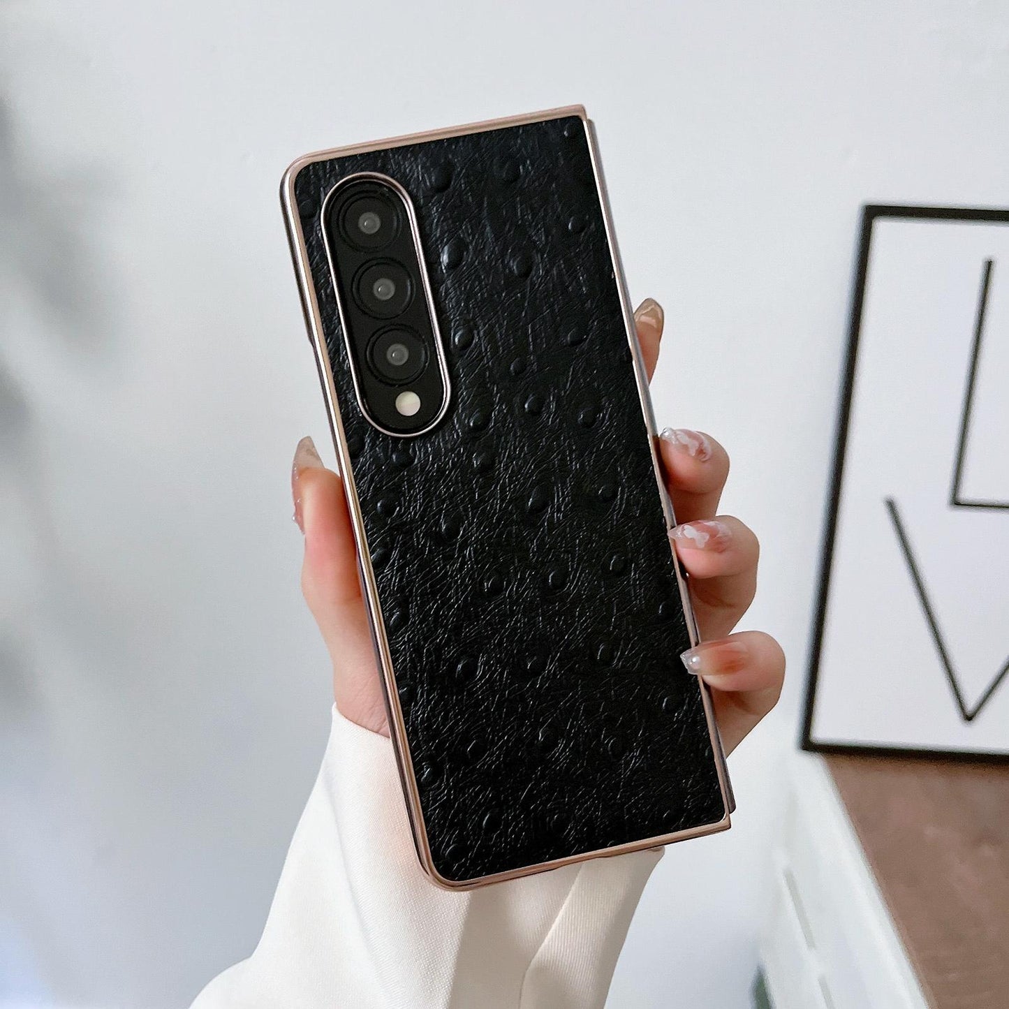 For Samsung Galaxy Z Fold4 5G Ostrich Leather Phone Case - Black