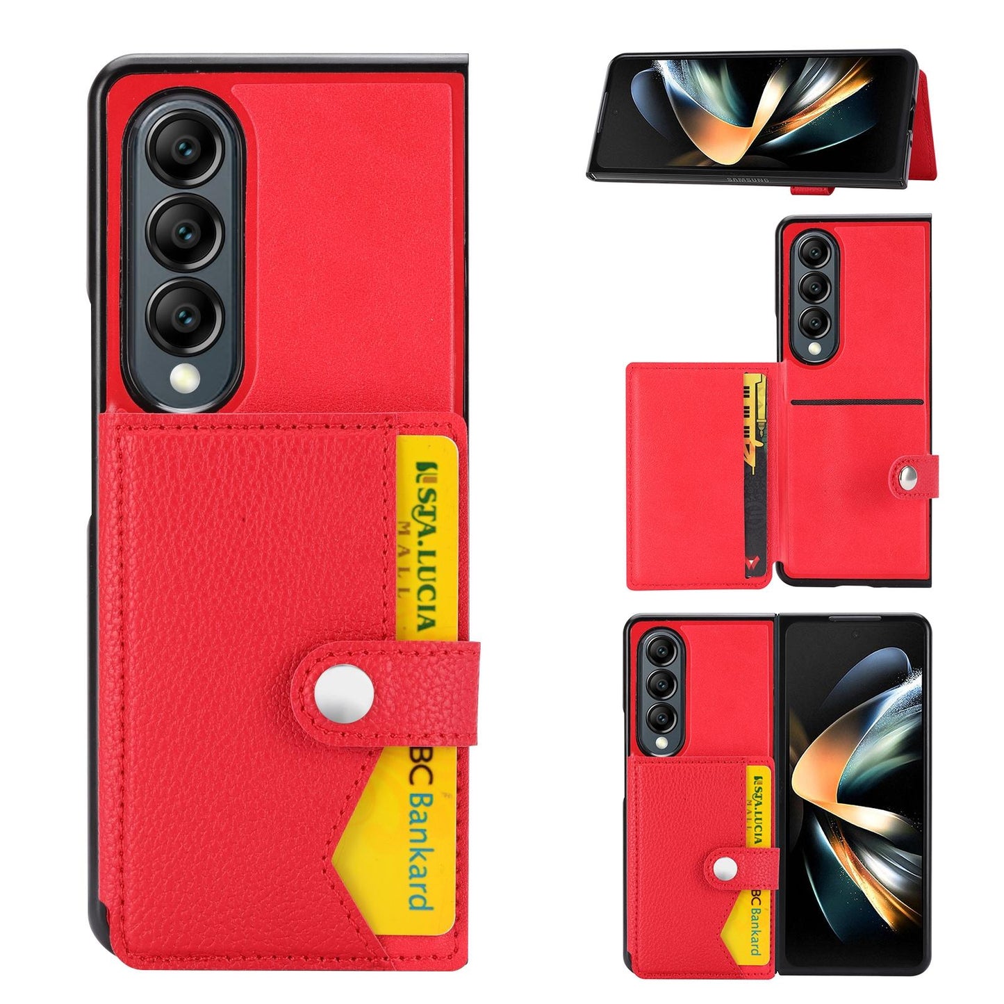 Litchi Pattern Single Button Card Holder Phone Case - Brown