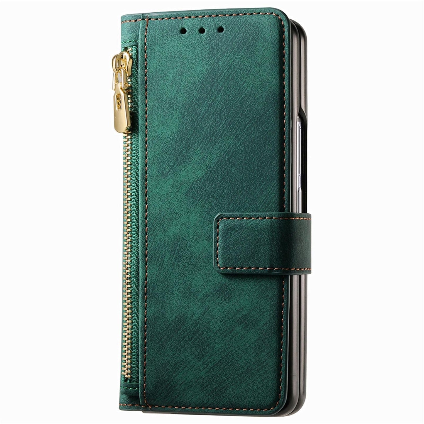 Vintage Magnetic Wallet Case for Samsung Galaxy z Fold 4 - Zipper Closure - Green