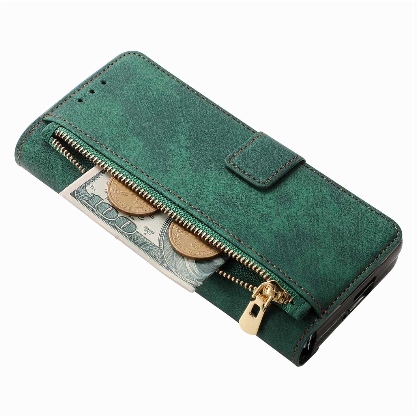 Vintage Magnetic Wallet Case for Samsung Galaxy z Fold 4 - Zipper Closure - Green